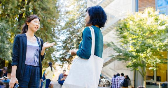 Open Campus: Two students talking in a campus plaza surround