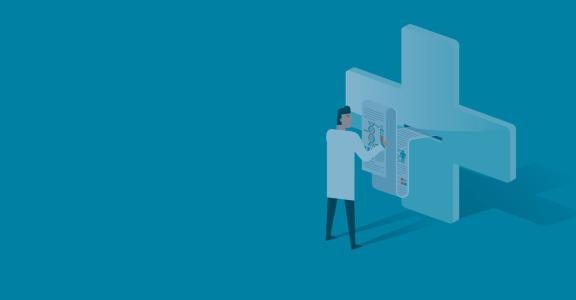 man standing in front of a medical cross graphic