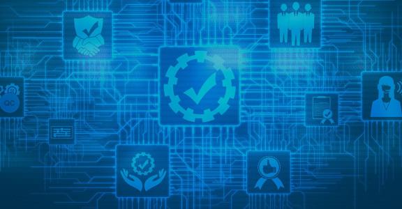Blue background with security icons