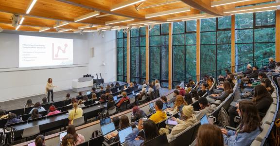 Lecture hall at Kresge College on the UCSC Campus filled wit