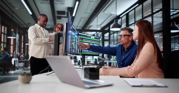 Analyst conducts business data audit on desktop computer