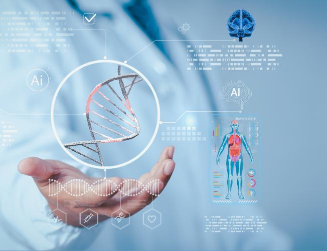 Person in lab coat holding diagram of DNA sequence and health data