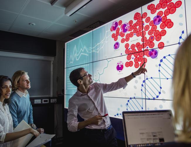 Man pointing at clinical data and presenting to coworkers