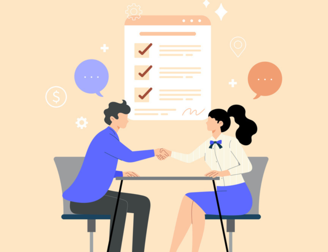 illustration of two people sitting at the table with a check list behind them. 