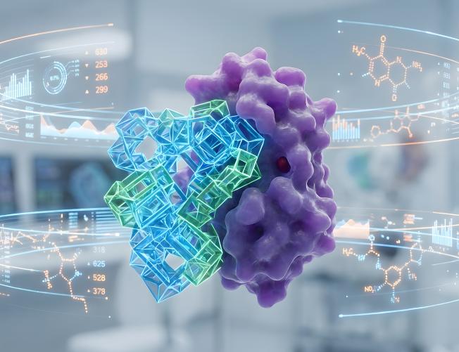3D Render of Synthetic Molecule Binding to Organic Protein with AI Data Hologram