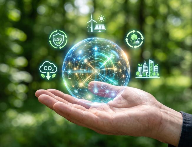 Hand holding digital sphere, symbolizing interconnected sustainable solutions and green technology for global environmental protection