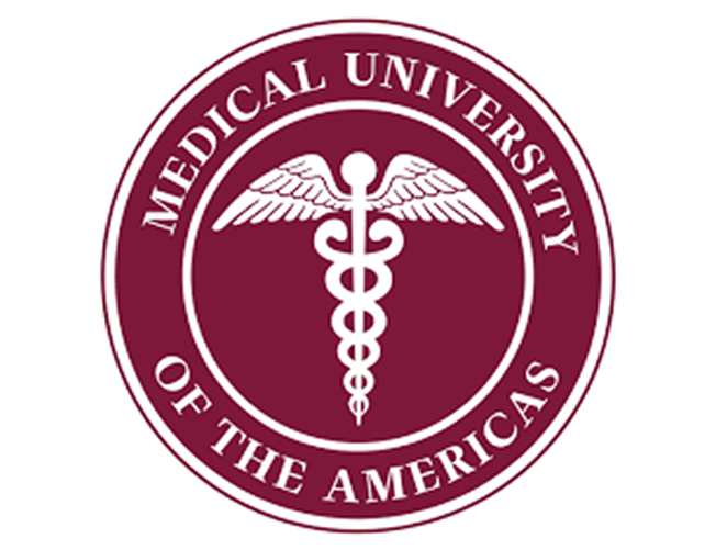 Red, round logo of Medical University of the Americas, 830x640