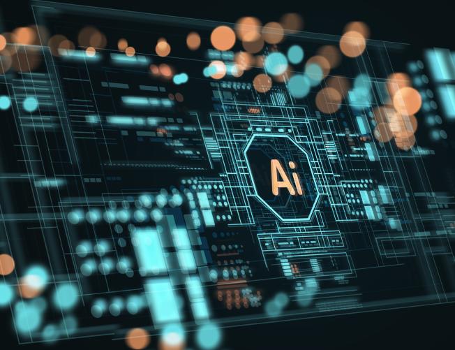 Illustration of AI board with the word AI in the center and abstract bokeh around it.