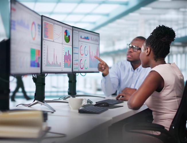 KPI Business Analytics Data Dashboard. Analyst Using Computer