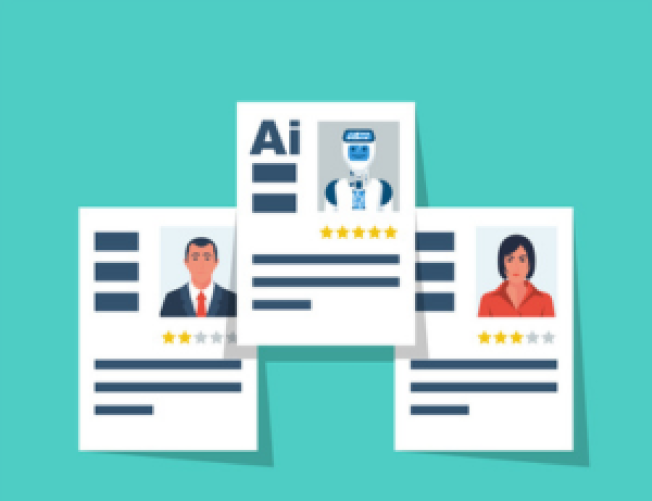 Graphic of resumes with one featuring an AI robot as the job