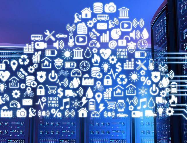 cloud of symbols in the air connecting buildings in a city