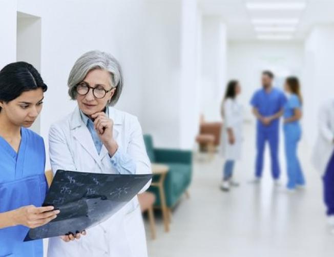 older doctor conferring with younger doctor in a hospital se
