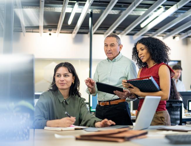 Mid-shot front view of senior executive exchanging ideas for business project with junior employees