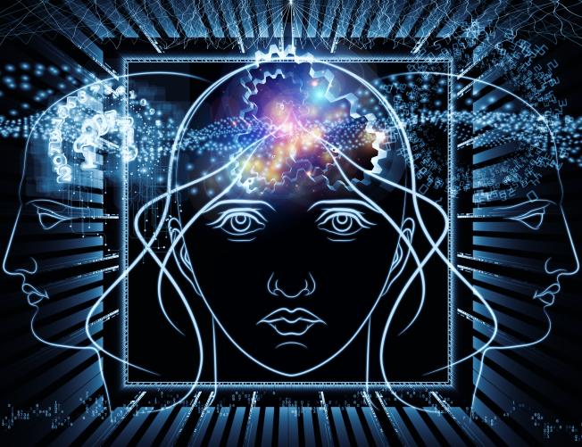 Composition of human head outlines, lights, numbers and abstract design elements as a concept metaphor for modern technology issues.