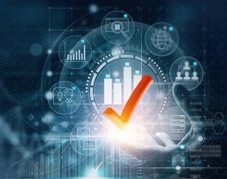 a series of business and clinical logos in a circle around  checkmark