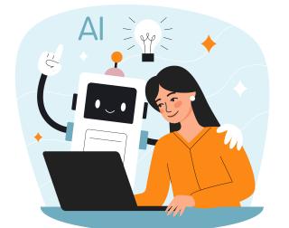Cartoon of woman at a laptop with robot's hand on her shoulder and a lightbulb above them
