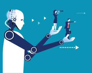 robot holding up two business people in its palms to give them a better vantage of the future.
