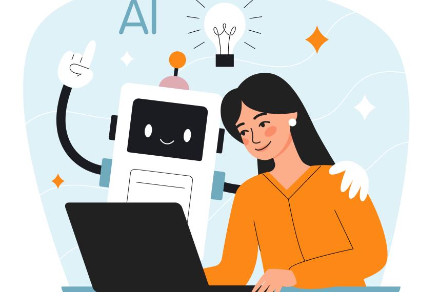 Cartoon of woman at a laptop with robot's hand on her shoulder and a lightbulb above them