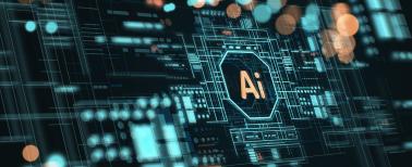 Illustration of AI board with the word AI in the center and abstract bokeh around it.