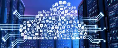 cloud of symbols in the air connecting buildings in a city