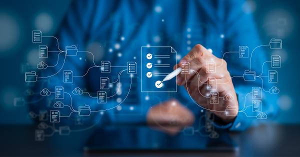 Man setting up a virtual file system with icons.