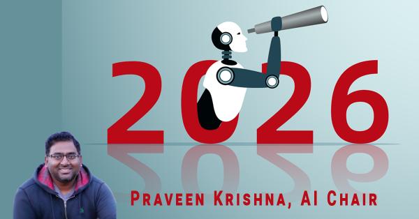 Instructor Praveen Krishna and a robot, representing AI, gazes through a telescope towards the future, indicated by the year "2026" in bold red numerals. 