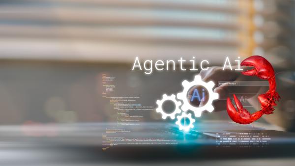 Agentic AI technology concept with coding and digital gears and lobster claws