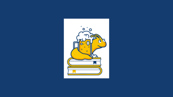 yellow slug on top of books holding a beer