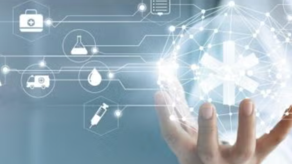 Hand holding a translucent bubble with medical icons floating nearby,