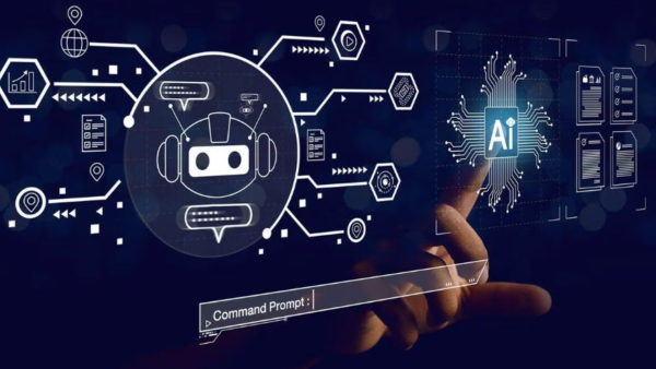 AI robot image on transparent blue screen. 