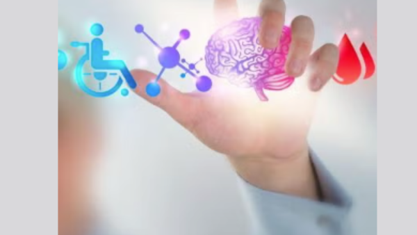 Hand touching translucent screen with medical icons floating on screen. 