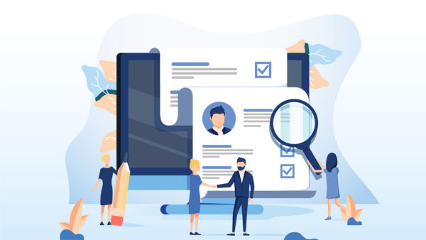illustration of computer screen with folks examining a resume. 