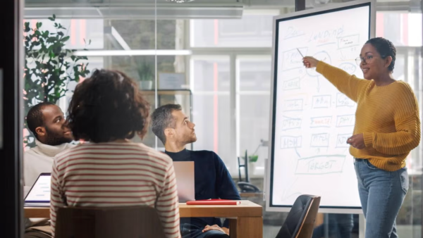 Four people gathered around a conference table looking up at a whiteboard.
