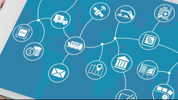 Blue tablet screen with web of white icons.