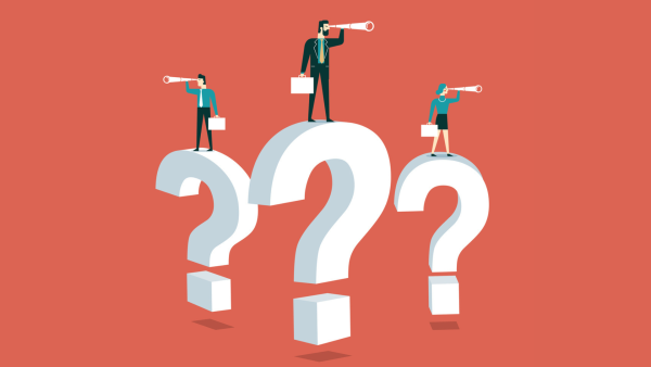 Three figures standing on top of question marks. 