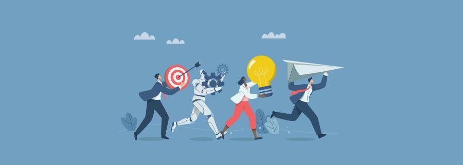 graphic of people running toward a goal with a robot.