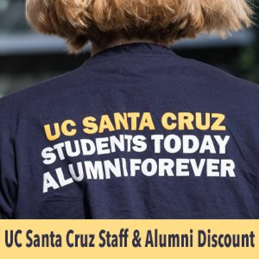 back of person wearing t-shirt with text: UC Santa Cruz stud